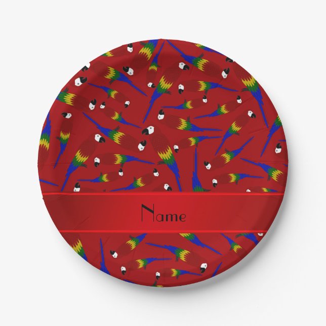 Personalized name red parrots paper plate (Front)