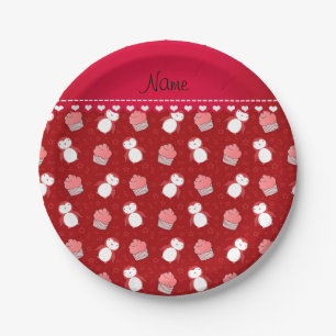 Personalized name red penguins cupcakes stars paper plate
