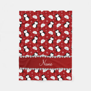 Personalized name red penguins igloos snowflakes fleece blanket