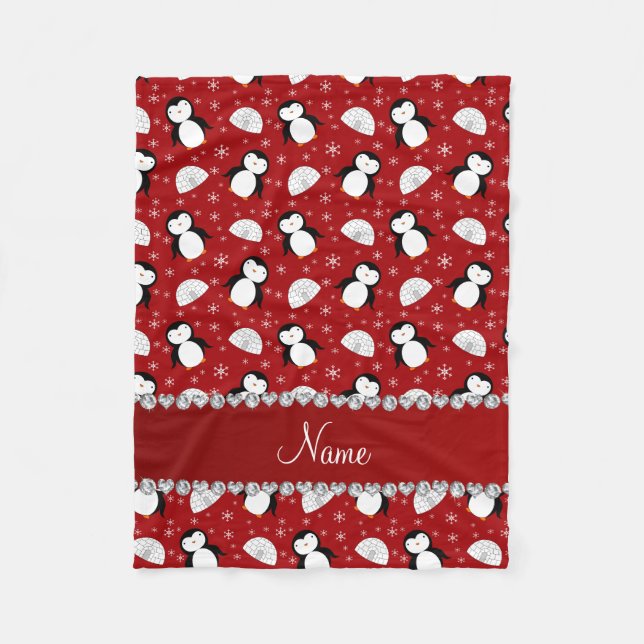 Personalized name red penguins igloos snowflakes fleece blanket (Front)