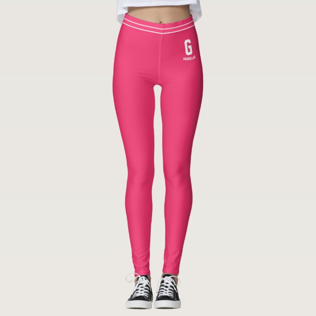 Personalized Name Red Pink White Striped Monogram Leggings (Front)