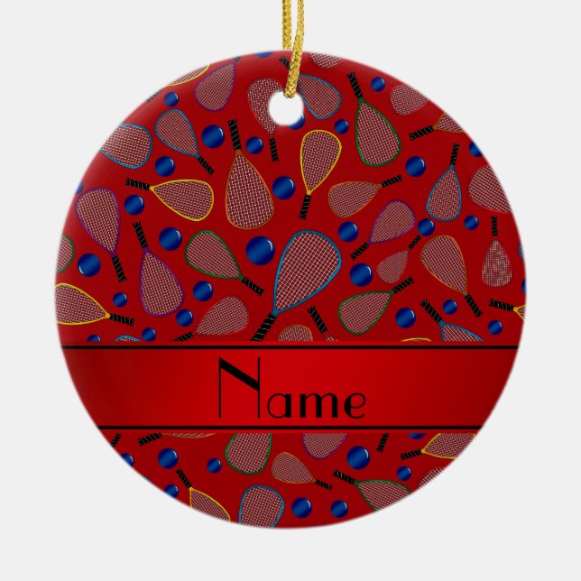 Personalized name red racquetball pattern ceramic ornament (Front)