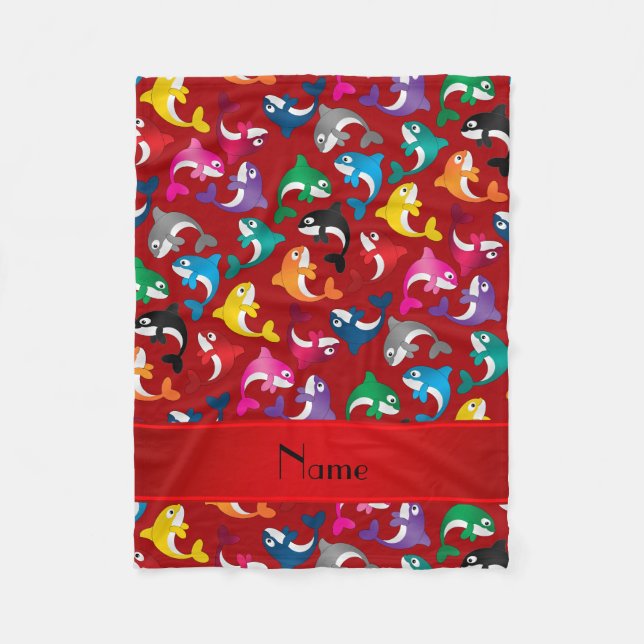 Personalized name red rainbow killer whales fleece blanket (Front)