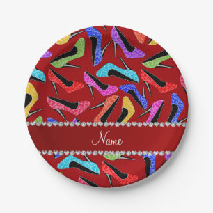 Personalized name red rainbow leopard high heels paper plate