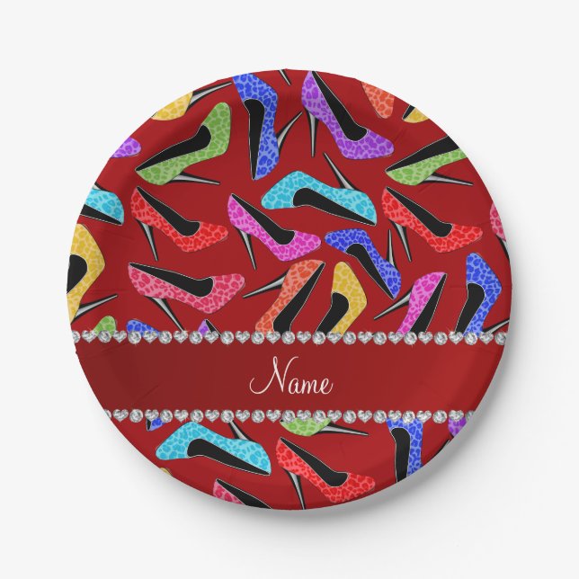 Personalized name red rainbow leopard high heels paper plate (Front)