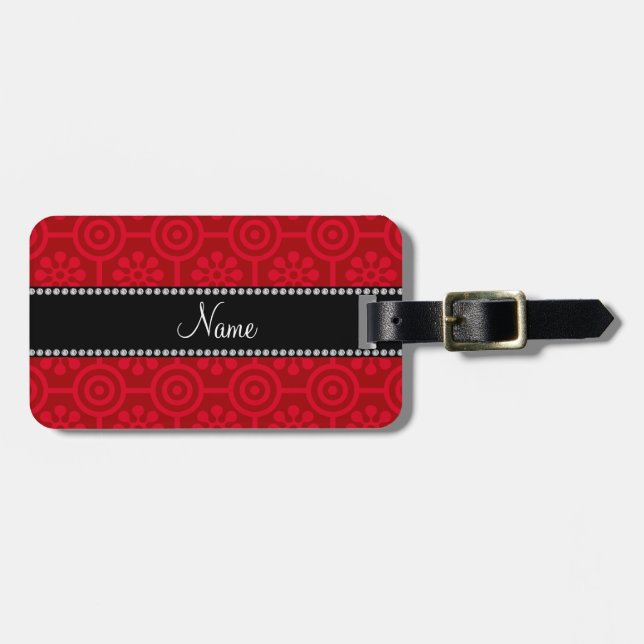 Personalized name red retro flowers luggage tag (Front Horizontal)