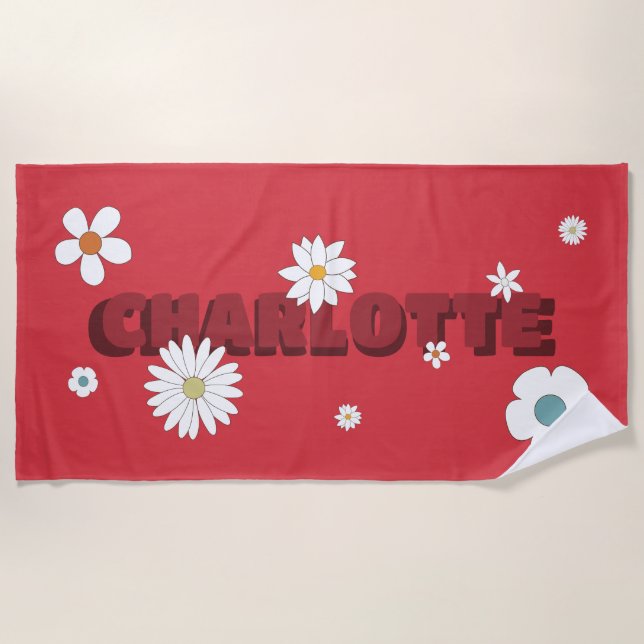 Personalized Name Red Retro Style Flowers Beach Towel (Front)