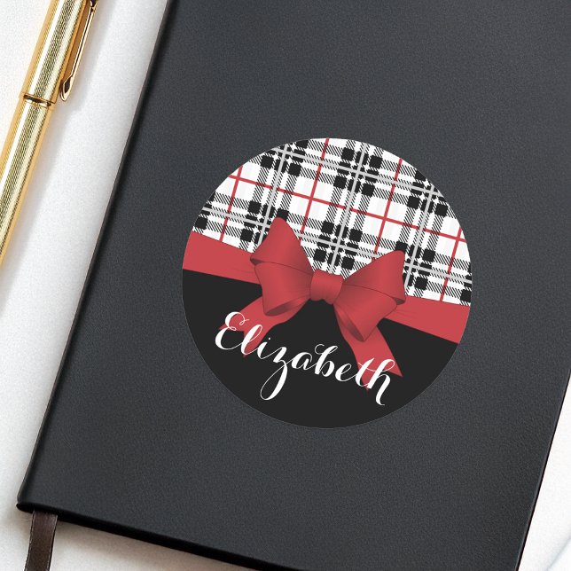 Personalized Name Red Ribbon and Tartan Plaid Classic Round Sticker (Creator Uploaded)