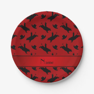 Personalized name red rodeo bull riding pattern paper plate
