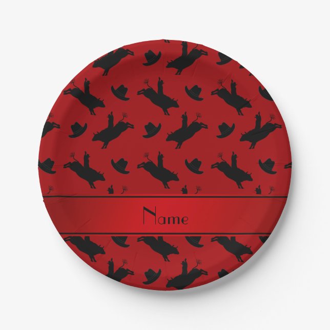 Personalized name red rodeo bull riding pattern paper plate (Front)