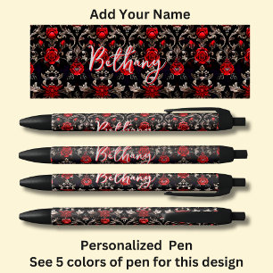 Personalized Name, Red Roses on Black Ink Pen