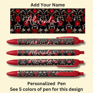 Personalized Name, Red Roses on Red Black Ink Pen