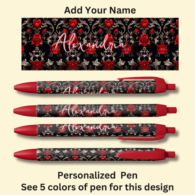 Personalized Name, Red Roses on Red Black Ink Pen (Creator Uploaded)