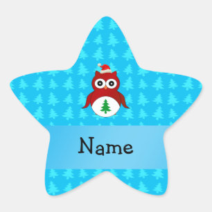 Personalized name red santa owl blue trees star sticker