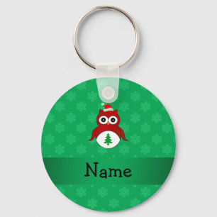 Personalized name red santa owl green snowflakes keychain