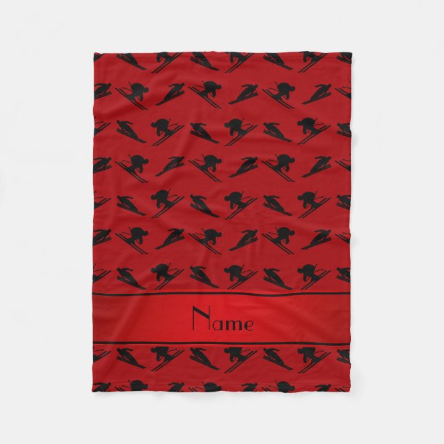 Personalized name red ski pattern fleece blanket (Front)