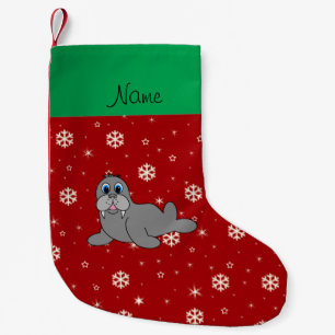 Personalized name red snowflake walrus small christmas stocking