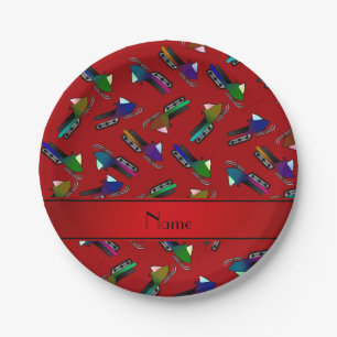 Personalized name red snowmobiles paper plate