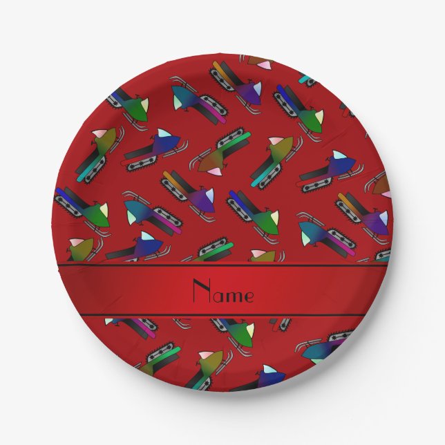 Personalized name red snowmobiles paper plate (Front)