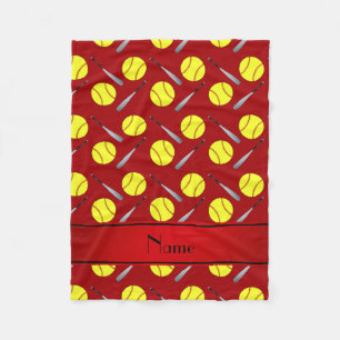 Personalized name red softball pattern fleece blanket