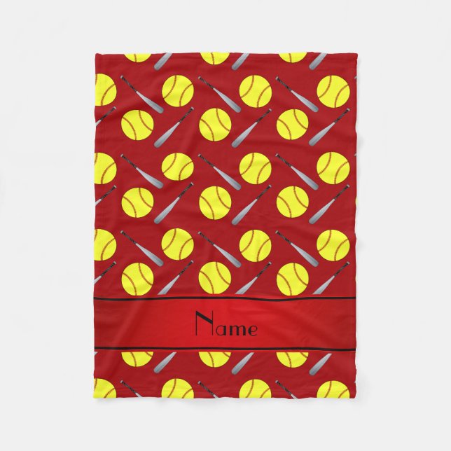 Personalized name red softball pattern fleece blanket (Front)