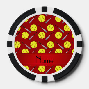 Personalized name red softball pattern poker chips