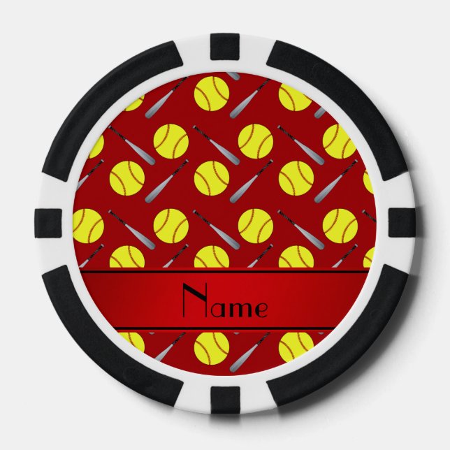 Personalized name red softball pattern poker chips (Front)