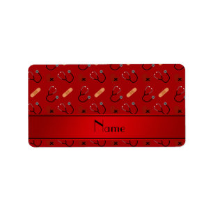 Personalized name red stethoscope bandage heart label