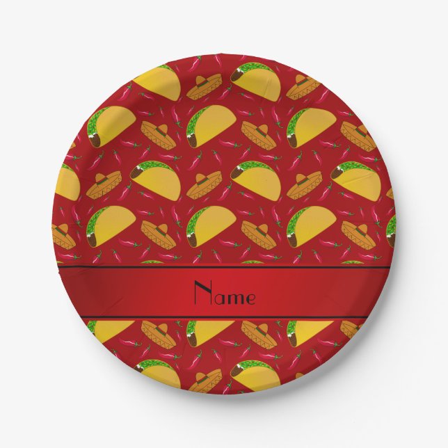 Personalized name red tacos sombreros chilis paper plate (Front)