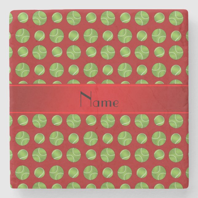 Personalized name red tennis balls pattern stone coaster (Front)