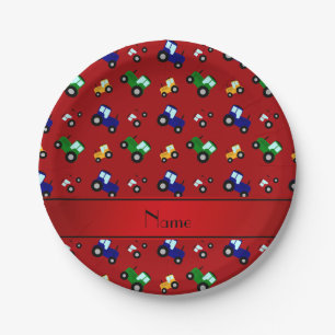 Personalized name red tractors paper plate