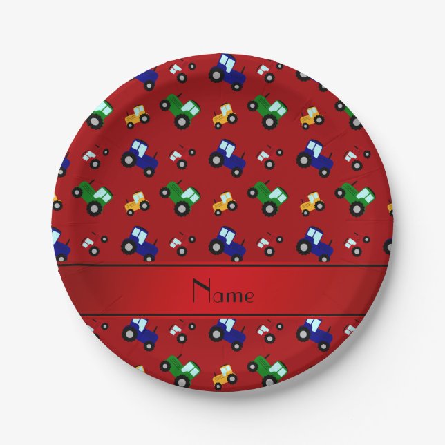 Personalized name red tractors paper plate (Front)