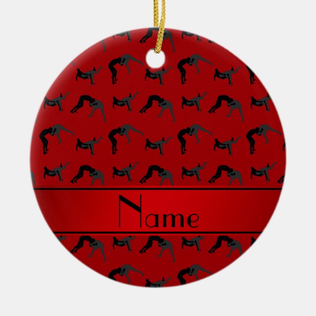 Personalized name red wrestling silhouettes ceramic ornament (Front)