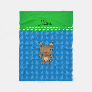 Personalized name reindeer blue christmas trees fleece blanket
