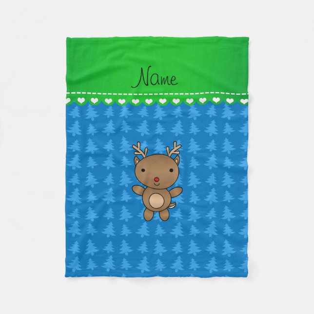 Personalized name reindeer blue christmas trees fleece blanket (Front)
