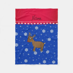 Personalized name reindeer blue snowflakes fleece blanket