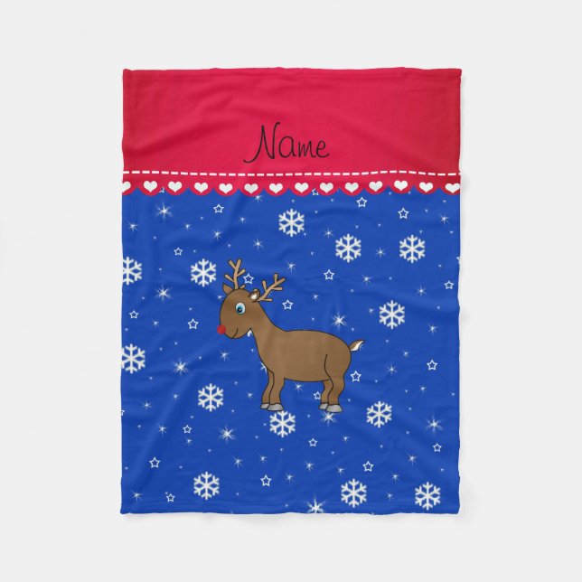 Personalized name reindeer blue snowflakes fleece blanket (Front)
