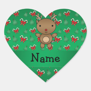 Personalized name reindeer green candy canes bows heart sticker