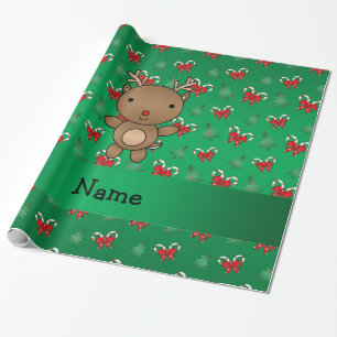 Personalized name reindeer green candy canes bows wrapping paper