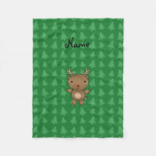Personalized name reindeer green christmas trees fleece blanket