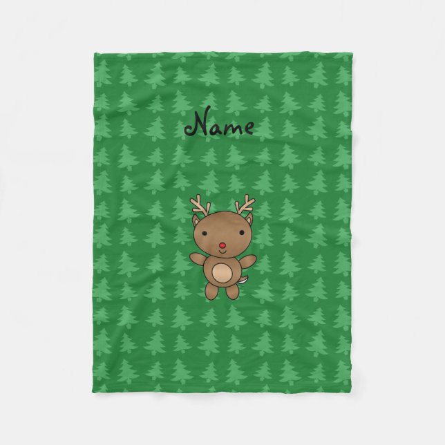 Personalized name reindeer green christmas trees fleece blanket (Front)