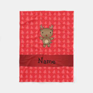 Personalized name reindeer red christmas trees fleece blanket