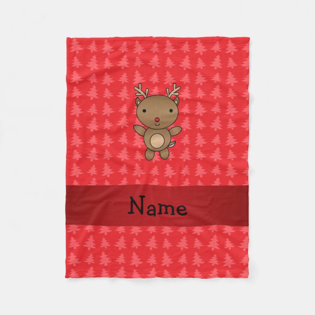 Personalized name reindeer red christmas trees fleece blanket (Front)