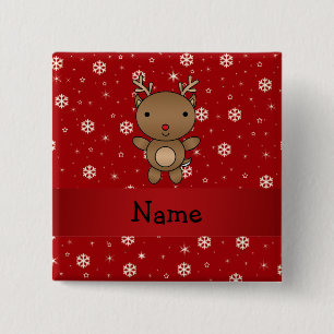Personalized name reindeer red snowflakes 2 inch square button