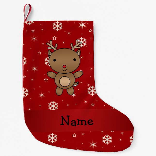 Personalized name reindeer red snowflakes small christmas stocking (Front)