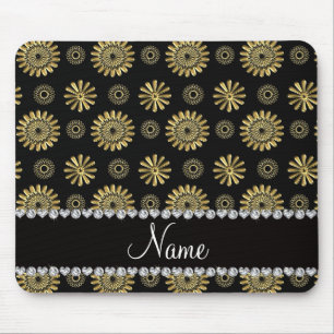 Personalized name retro black gold flowers mouse pad