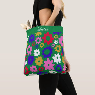 Personalized Name Retro Green Flowers Vibrant Tote Bag