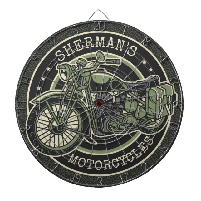 Personalized NAME Retro Military Motorcycle Biker Dartboard (Front)