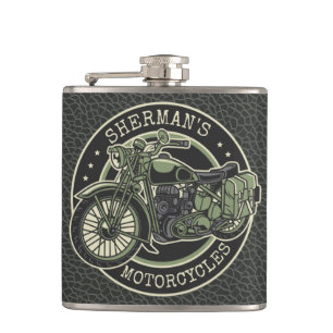 Personalized NAME Retro Military Motorcycle Biker Hip Flask