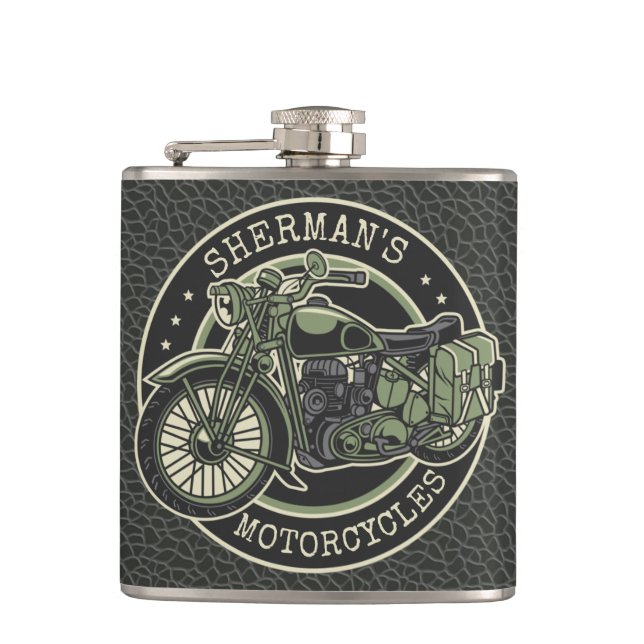 Personalized NAME Retro Military Motorcycle Biker Hip Flask (Front)